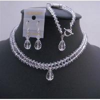 Clear Crystals Double Stranded Bridal Jewelry Set w/ Top Drilled Teardrop Clear Crystals Necklace Set  