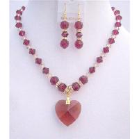 Ruby Swarovski Crystals Necklace Set w/ Golden Shaodow Swarovski & Ruby Crystals Heart w/ Golden Rondells Spacer Necklace Set 