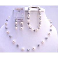 Silver Grey Pearls & White Pearls Necklace Earrings w/ Bracelet Necklace Set