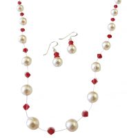 Coral Swarovski Crystals With Ivory Pearls Jewelry Set Invisible Necklace Handcrafted Jewelry Set