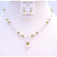 Olivine Swarovski Crystals With Ivory Pearls Custom Bridal Jewelry Set w/ Drop Down Necklace Set 