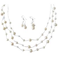Three Stranded Silk Thread White Freshwater Pearls With Clear Crystals Bridal Bridemaids Jewelry Set Genuine Swarovski Clear Crystals Set