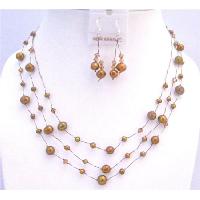 Metallic Brown Freshwater Pearls Lite Smoked Topaz Swarovski Crystals Three Stranded Silk Thread Beautiful Wedding Jewelry