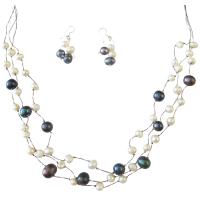 Freshwater Pearls Jewelry Set Dark Blue Freshwater Pearls w/ White Freshwater Pearls Three Stranded Silk Thread Necklace Jewelry