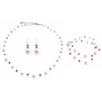 Amethyst Swarovski Crystals With Ivory Pearls Jewelry Set Prom Classy Sleek Necklace Set & Double Stranded Bracelet Jewelry