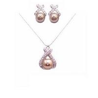 Bronze Swarovski Pearls Pendant & Stud Earrings Sarkling Simulated Diamond Set 