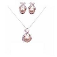 Prom Jewelry Set Champagne Pearls Pendant 10mm Swarovski Pearls Necklace Set