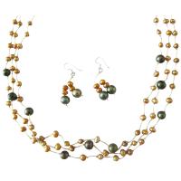 Swarovski Crystals & Freshwater Pearls Necklace Set Golden Dark Green Freshwater Pearls w/ Swarovski Khakhi Crystals Jewelry Set