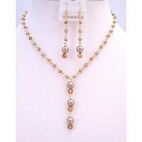 Copper Swarovski Crystals Jewelry Set Hanmade Custom Bronw Pearls Copper Crystals 22k Gold Plated Chain & Genuine Swarovski Pearls Crystals 