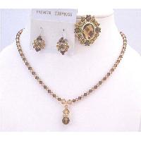 Necklace Set With Matching Brooch Beautiful Color Of Lite Colorado Genuine Swarovski Crystals & Smoked Topaz Drop Down Bridal Jewelry Set