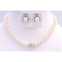 Customize Your Ivory Pearls Bridal Jewelry Set 8mm Pearls w/ Cubic Zircon Ball Pendant w/ Stud Earrings 