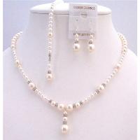 Back Dropdown Necklace Set White Pearls & Ivory Pearls Back Drop String Necklace Wedding Jewelry Set