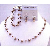 Customized Bridal Jewelry Bronze Pearls w/ Smoked Topaz Swarovski Crystals Complete Set Necklace Earrings Bracelet Jewelry