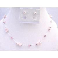 Rose Pink Swarovski Pearls With Rose Crystals Accented In Silk Thread Bridal Bridemaids Prom Set