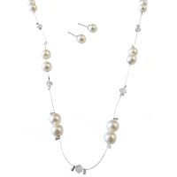 Cheap Affordable Inexpensive Wedding Jewelry Genuine Ivory Pearls Clear Crystals Swarovski Brand Accented In Silk Thread Necklace Set