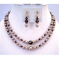 Golden Rondells Genuine Swarovski Champagne Pearls Double Stranded Necklace Set w/ Smoked Topaz Crystals Wedding Jewelry  