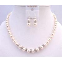 Diamond Sparkling Rondells Ivory 8mm Pearls Necklace Set Wedding Set Custom Handcrafted Jewelry Set 