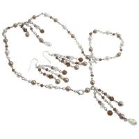 Stylish Dangling Drop Down Jewelry Set Tassel Drop Down Jewelry Bronze White Pearls Clear & Smoked Topaz Crystals Necklace Set
