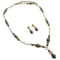 Gold Tone Jewelry 22k Gold Plated Swarovski Brown Pearls With LIte Colorado Crystals Necklace Set