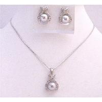 Sleek Dainty Light Grey Pearls Diamate Pendant & Earrings Set Under $15 Affordable Cheap Bridemaids Jewelry Set   