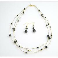 Swarovski Jet Crystals Dress Jewelry Set Golden Three Stranded Necklace Set 