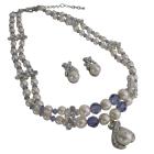 Mother Of Bride Jewelry Double Stranded Necklace Swarovski Ivory Pearsl Tanzanite w/ Silver Flower Rondells & Pendant