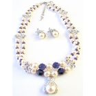 Gift For Mother Double Stranded Necklace Swarovski Ivory Pearsl Purple Velvet Crystals & Silver Flower Rondells & Pendant