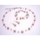 Platinum Champagne Pearls Crystals Necklace & Earrings Wedding Jewelry