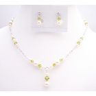 Arrival Lite Olivine Swarovski Crystals with White Pearls Handmade Necklace Set