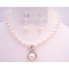 Very Pure Whie Pearls Jewelry with Clear Crystals Drop Down Pendant Set