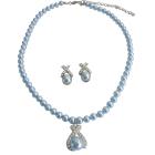 Swarovski Pearls Necklace Earrings w/ Blue Pendant Mother Gift