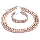 Handmade Swarovski Pearls Jewelry Champagne Three Stranded Bracelet & Necklace Bridal Jewelry