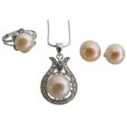 Great Gift Peach Freshwater Pearl Pendant Necklace Stud Earrings & Ring