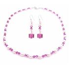 Bride Jewelry Swarovski Rose Pink & AB Fuchsia Crystals Necklace Set