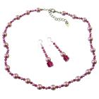 Handcrafted Rose Pink Pearls & Fuchsia Crystals Necklace Jewelry Set