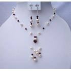 Handmade Swarovski Crystals Necklace Set Made Of Swarovski Dark Siam Red Crystals & Freshwater Pearls Jewelry