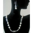 Bridal Jewelry Swarovski White Pearls Clear Crystals Handmade Necklace