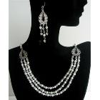 Swarovski Crystals Collection White Pearls And Moonlite Crystals 3 Strands Drop Necklace Set