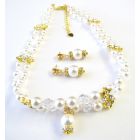 Double Stranded Swarovski White Pearls Crystals Necklace Gold Rondells