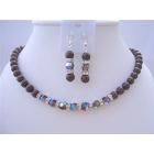 Meroon Pearls Jewelry Set w/ Swarovski Smoked Topaz 2X Crystals Necklace Set w/ Sparkling Silver Rondells