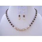 Swarovski Maroon Pearls Jewelry Set w/ Swarovski Smoked Topaz 2X Crystals Necklace Set w/ Sparkling Silver Rondells