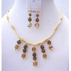Gold Necklace 22k Gold Plated Necklace w/ Genuinse Sparkling Swarovski Somoked Topaz AB Crystals Bridal Jewelry