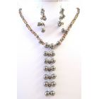 Smoked Topaz AB Swarovski Crystals & Brown Pearls Danglng Drop Necklace And Earrings Jewelry Set