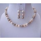 Cream Bronze Peach Swarovski Pearls Handcrafted Jewelry Set w/ Silver Rondells Sparkle Like Diamond