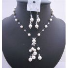 Wedding Custom Jewelry White Pearls Clear Crystals Swarovski Pearls Crystals Handmade Bridesmaid Necklace Set w/ Drop Tassel