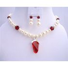 Cream Pearls w/ Siam Red Crystals Pendant Wedding Bridal Jewelry Set