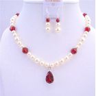 Handcrafted Custom Bridal Jewelry Cream Pearls Siam Red Crystals w/ Siam Red Crystals Pendant Wedding Bridal Jewelry Set