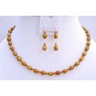 Copper Freshwater Pearls Rice Shaped Pearls Jewelry Set w/ Swarovski Copper Crystals Necklace Set