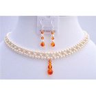 Inter woven Necklace Bridal Jewelry Set Swarovski Ivory Pearls w/ Fire Opal Crystals Drop Down & Earrings Necklace Set Bridal Jewelry