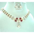 Double Stranded Necklace Bridal Bridesmaid Cream Pearsl/Siam Red Swarovski Crystals w/ Silver Flower Rondells & Pendant